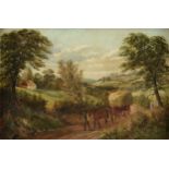 BRITISH SCHOOL, A PAINTING, "Bringing in the Hay Cart by the Cottage," 1830-1890, colorman stamp