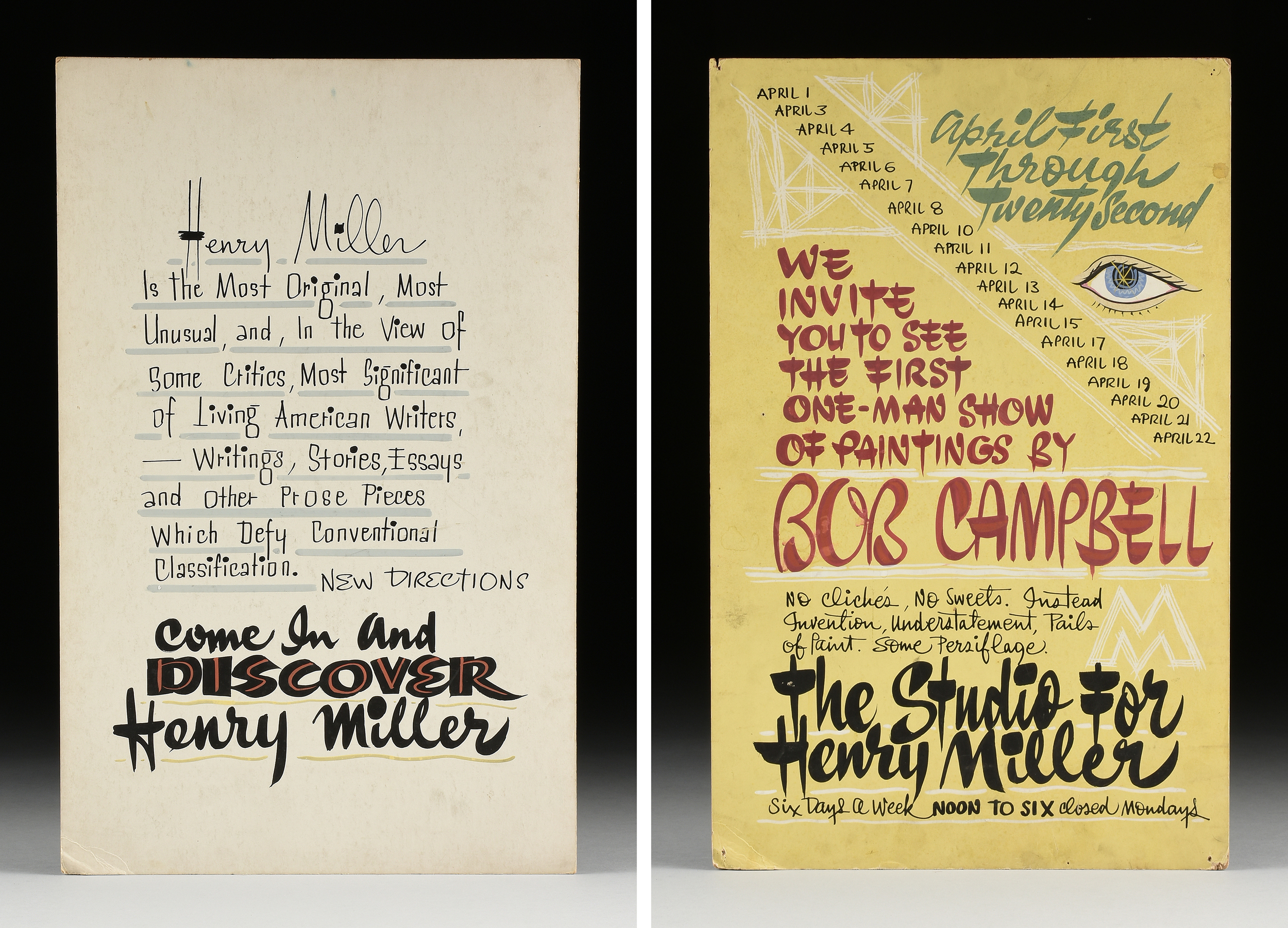 HENRY MILLER (American 1891-1980) TWO HAND PAINTED ADVERTISEMENTS, "We Invite You to See the First