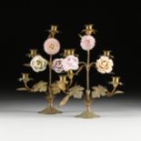 A PAIR OF VINTAGE BRASS AND PORCELAIN FLOWER BLOOM FIVE-LIGHT CANDELABRAS, EARLY 20TH CENTURY,