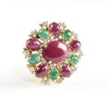 A VINTAGE FRENCH YELLOW GOLD, DIAMOND, RUBELLITE, AND TOURMALINE BROOCH, MID 20TH CENTURY, a large