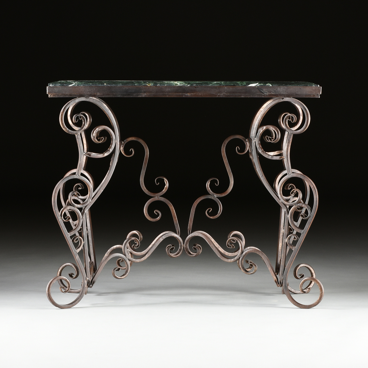 A FRENCH STYLE MARBLE TOPPED PATINATED WROUGHT IRON PASTRY TABLE, MODERN, with a chamfered - Image 3 of 9