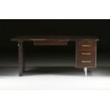 A MODERNIST BLACK STAINED WOOD AND STEEL OFFICE DESK, LAST QUARTER 20TH CENTURY, the rectangular top