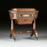 A VICTORIAN ELABORATELY INLAID MOTHER OF PEARL, EBONY AND ROSEWOOD WORK TABLE, POSSIBLY SPANISH,