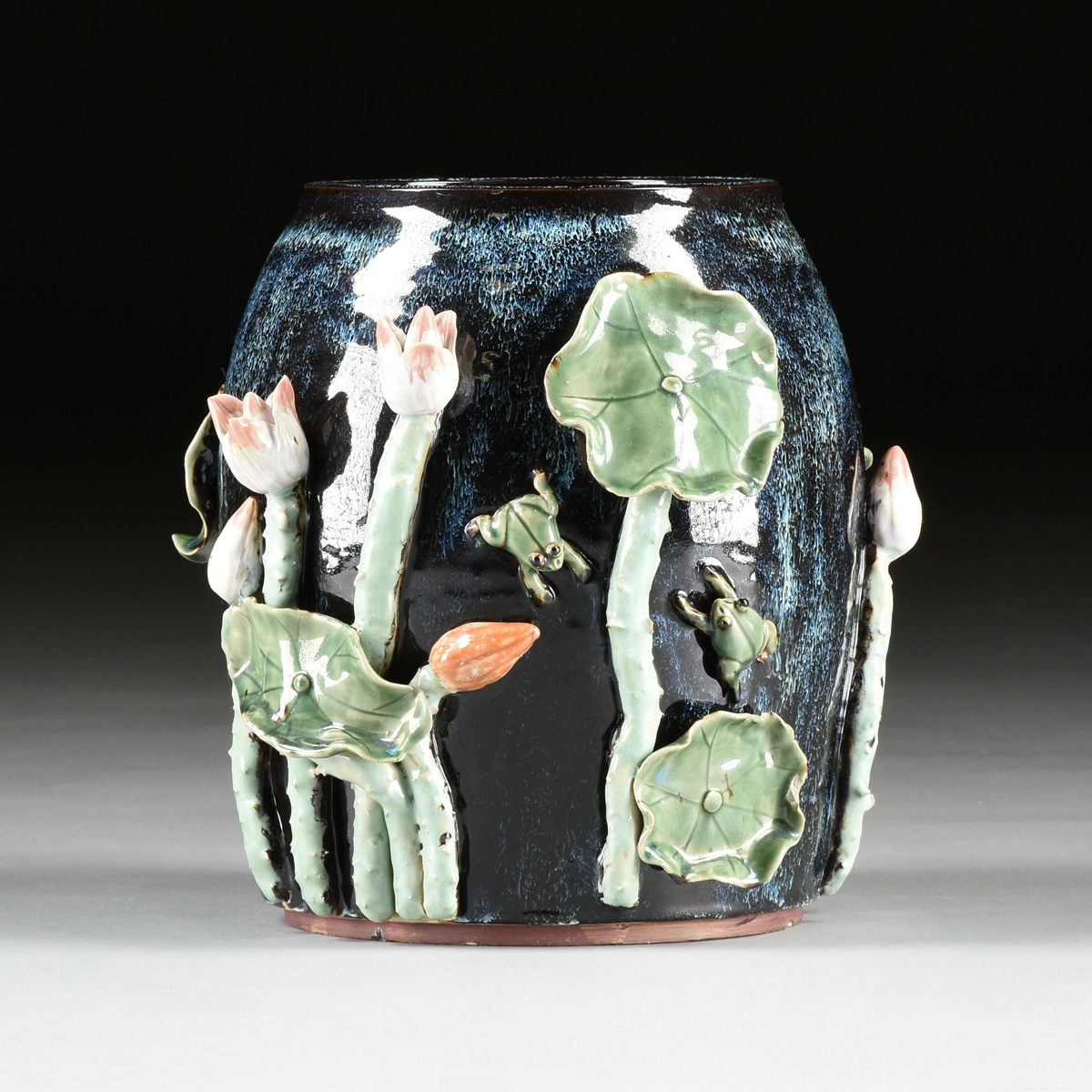 A PAIR OF CHINESE EXPORT RELIEF MOLDED LOTUS AND LEAF GLAZED EARTHENWARE JARDINIÈRES, MODERN, - Image 2 of 9