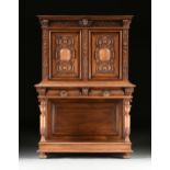 AN ITALIAN RENAISSANCE REVIVAL WALNUT CABINET ON STAND, LATE 19TH/EARLY 20TH CENTURY, the tapering