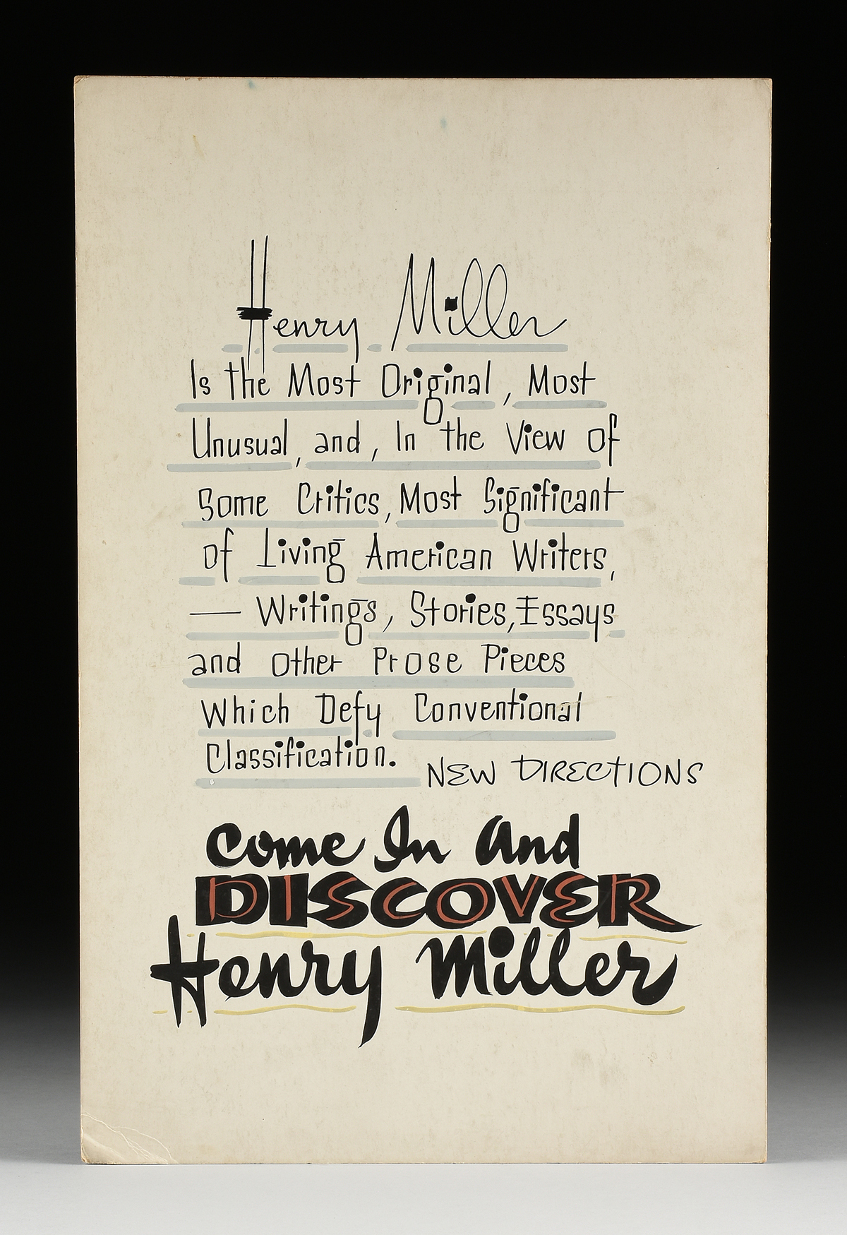 HENRY MILLER (American 1891-1980) TWO HAND PAINTED ADVERTISEMENTS, "We Invite You to See the First - Image 2 of 6