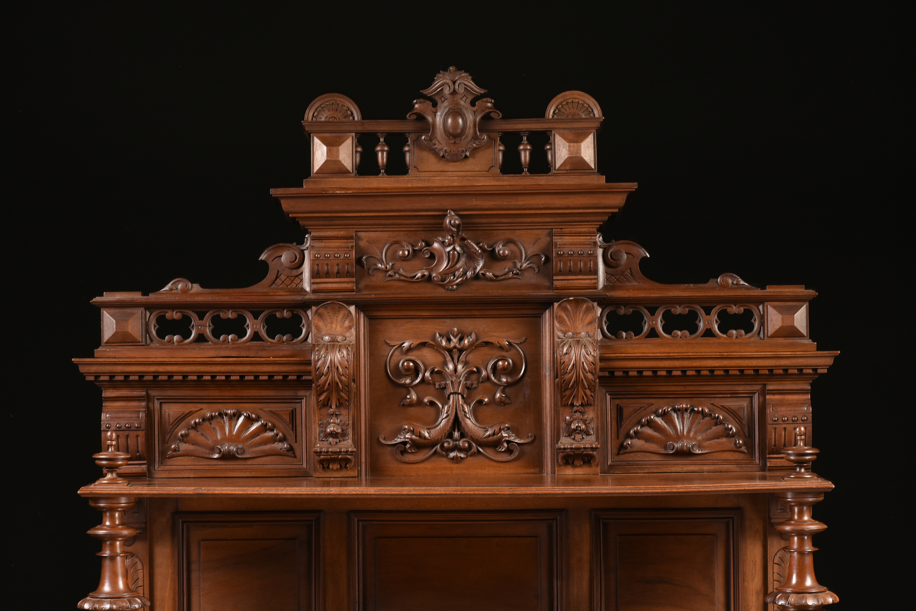 A RENAISSANCE REVIVAL MARBLE INSET WALNUT BUFFET Ã€ DEUX CORPS, FRENCH, SECOND HALF 19TH CENTURY, - Image 8 of 15