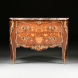 A LOUIS XV STYLE ORMOLU MOUNTED AND MARBLE TOPPED TULIPWOOD WITH VARIOUS WOODS MARQUETRY COMMODE, BY