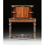 AN ENGLISH ORMOLU MOUNTED AND MARQUETRY INLAID MAHOGANY BONHEUR DU JOUR, LATE 19TH/EARLY 20TH