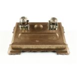 A FINE PERSIAN GOLD INLAID STEEL INKSTAND, POSSIBLY QAJAR, 19TH CENTURY, of rectangular form and two