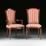 A SET OF TWELVE LOUIS XVI STYLE RED STRIPE UPHOLSTERED STAINED WOOD DINING CHAIRS, 20TH CENTURY,