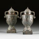 A PAIR OF OF NEO-GREC STYLE BRONZE URN LAMPS, LATE 20TH CENTURY, with rope twist handles flanking