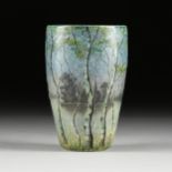 A DAUM NANCY ACID ETCHED AND ENAMELED GLASS LAKESHORE VASE, SIGNED, EARLY 20TH CENTURY, with