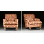 A PAIR OF AMERICAN OVERSTUFFED MANDARIN ORANGE GROUND LINEN UPHOLSTERED ARMCHAIRS, LATE 20TH