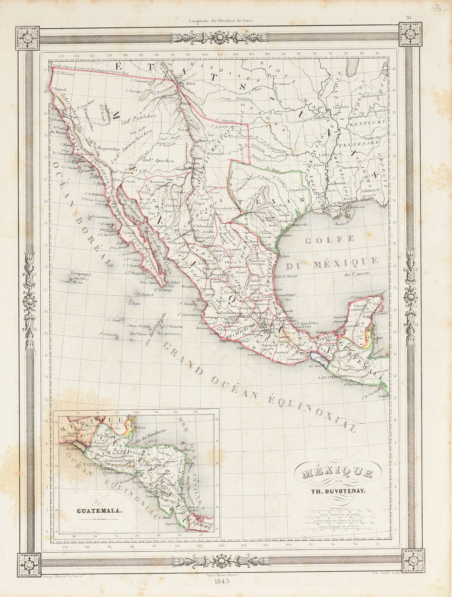 A REPUBLIC OF TEXAS MAP, "MÃ©xique," THUNOT DUVOTENAY, PARIS, CIRCA 1843, hand-colored lithograph on