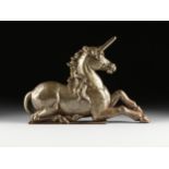 A VICTORIAN POLISHED CAST IRON UNICORN FIREPLACE REMNANT, LATE 19TH CENTURY, demi-cast in a