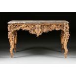 A LOUIS XV STYLE MARBLE TOPPED GILTWOOD TABLE DE MILIEU, POSSIBLY ITALIAN, CIRCA 1880, the