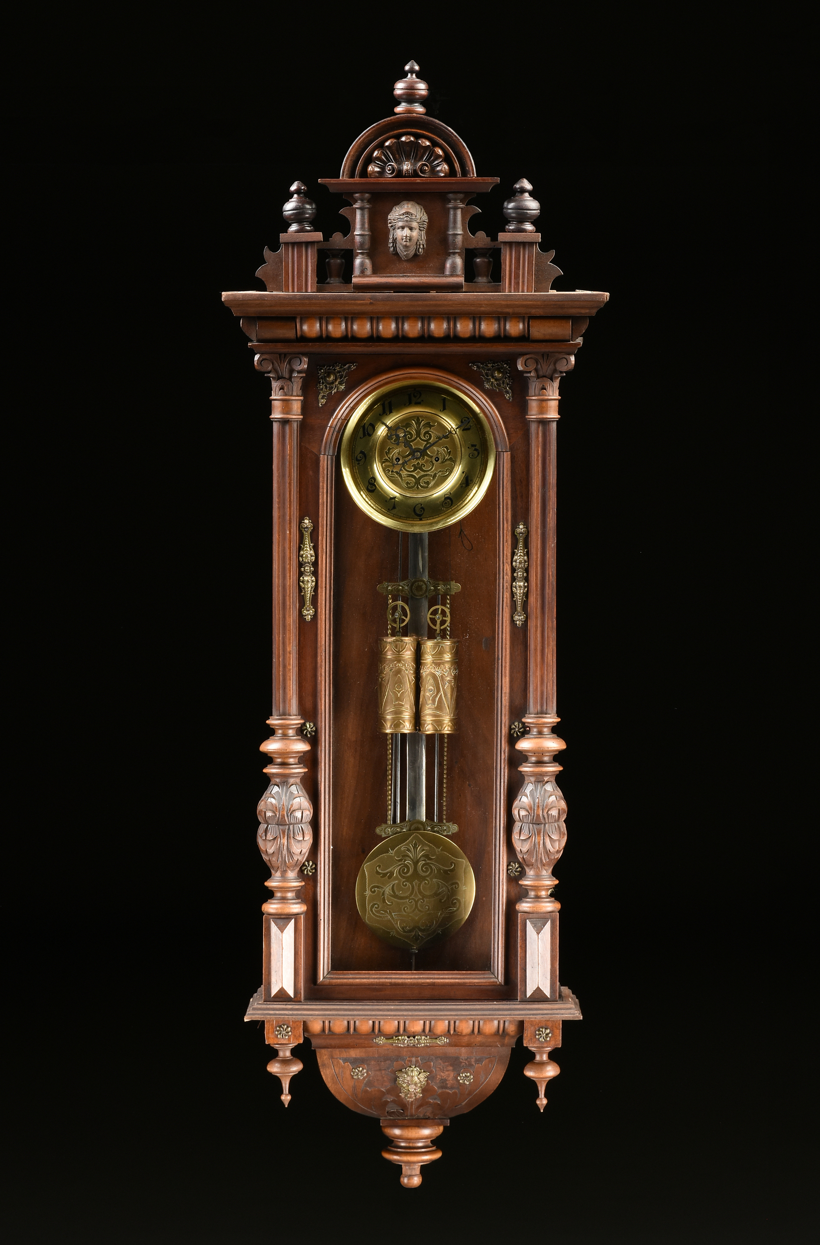 AN ANTIQUE BRONZE MOUNTED WALNUT REGULATOR WALL CLOCK, POSSIBLY AUSTRIAN, CIRCA 1890, the arched