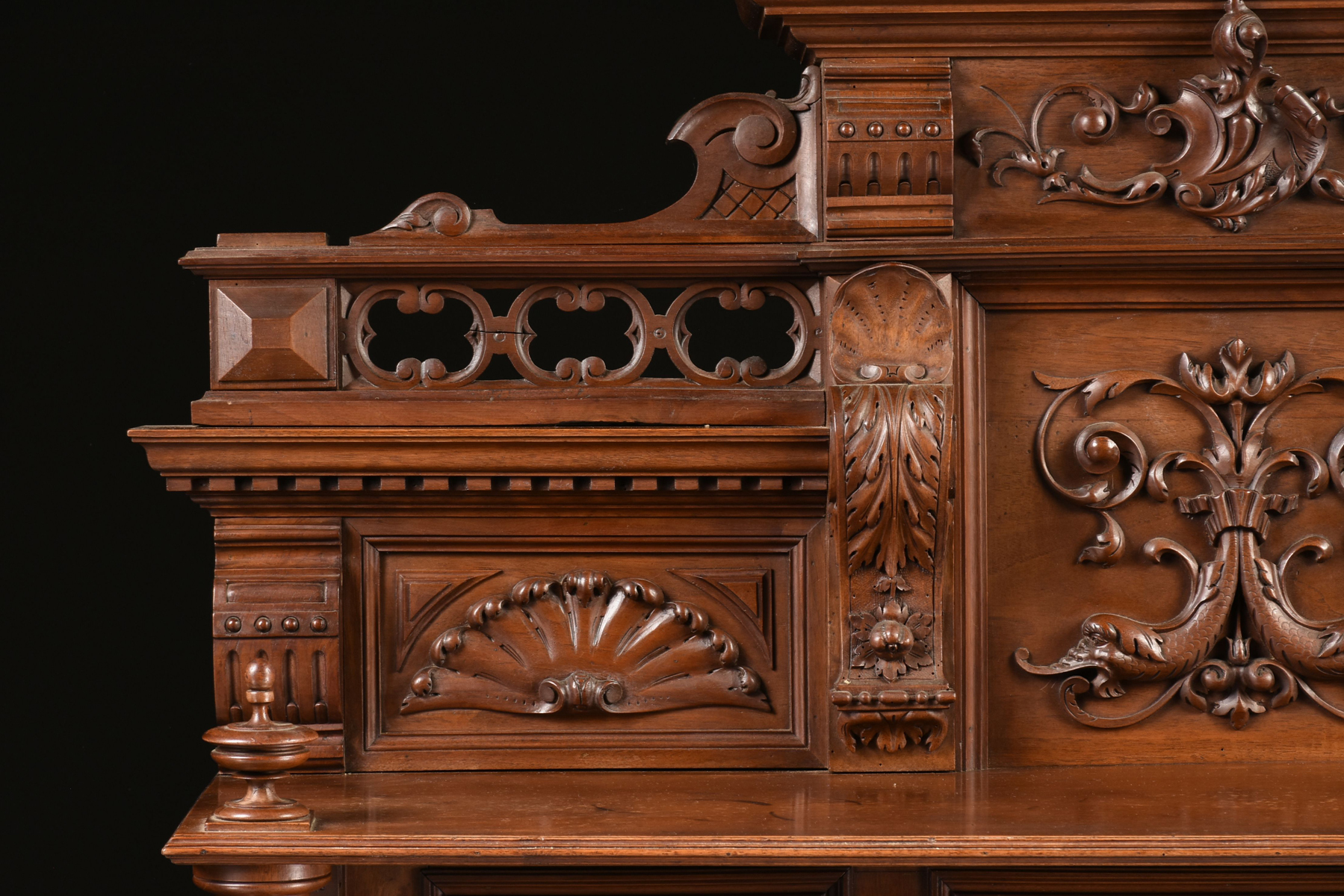 A RENAISSANCE REVIVAL MARBLE INSET WALNUT BUFFET Ã€ DEUX CORPS, FRENCH, SECOND HALF 19TH CENTURY, - Image 9 of 15