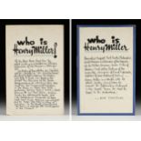 HENRY MILLER (American 1891-1980) TWO HAND PAINTED ADVERTISEMENTS, "Who is Henry Miller?," FOR NEW