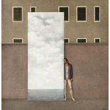 A BELGIAN SURREALIST STYLE PAINTING, "Shutters by the Sea with Acrobat," 20TH CENTURY, oil on