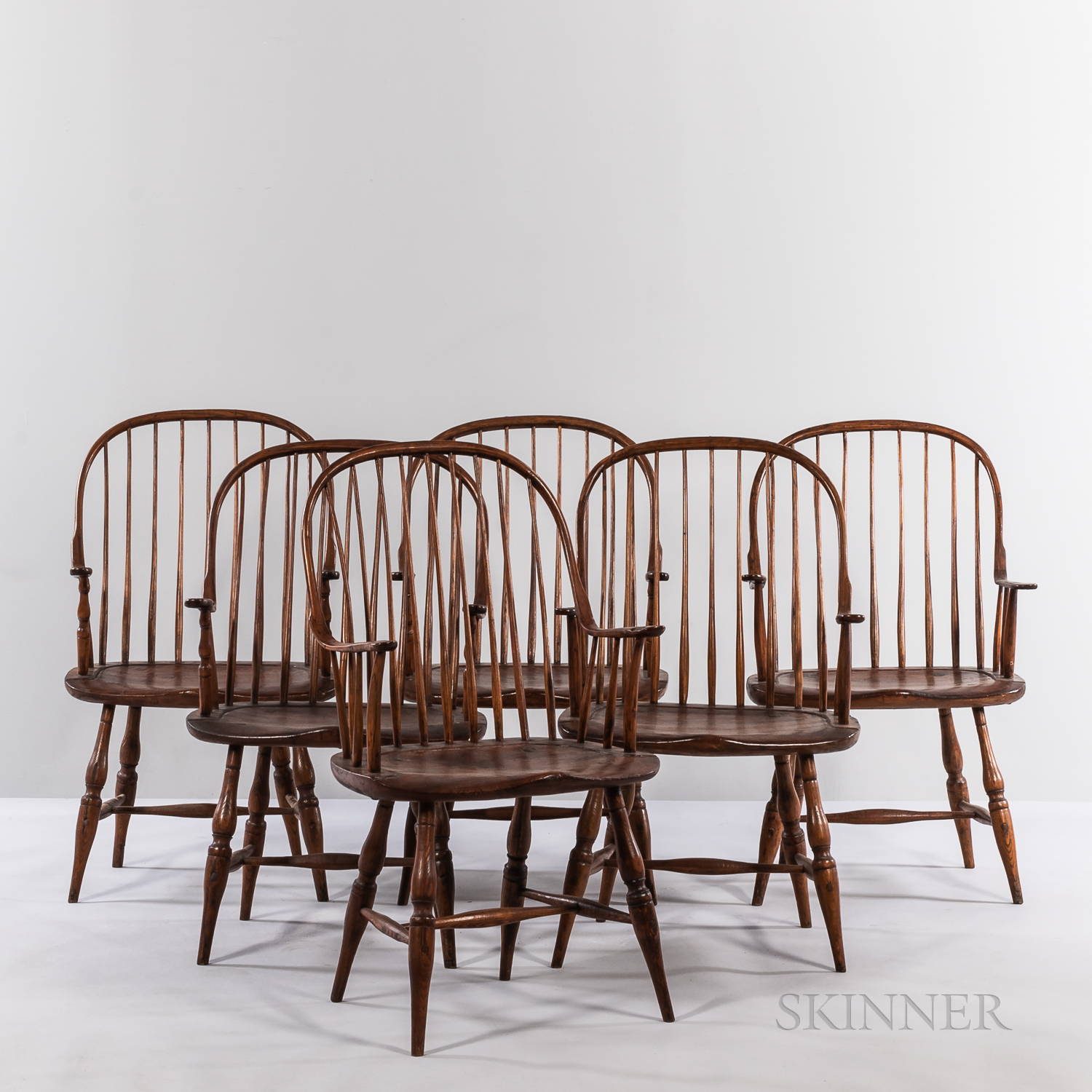 Six Continuous-arm Windsor Walnut Armchairs