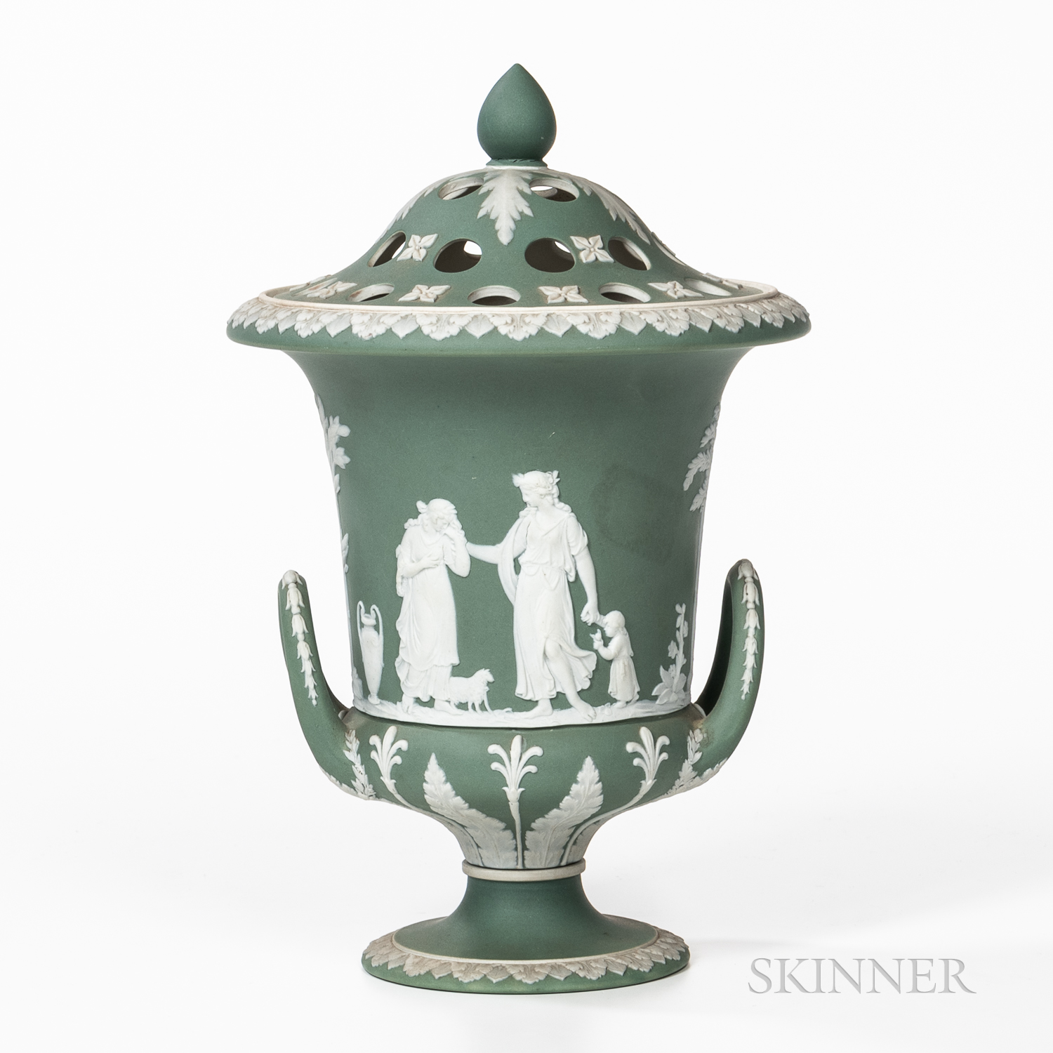 Wedgwood Green Jasper Dip Campagna-shape Vase and Cover