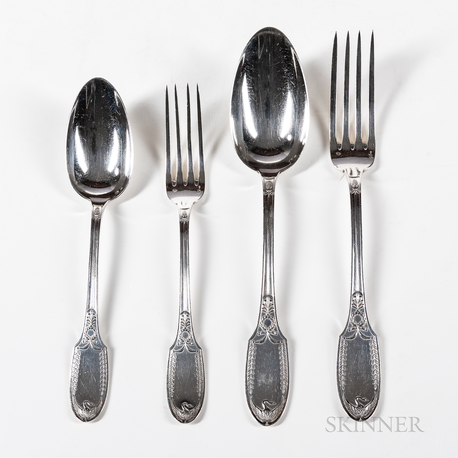 French Empire Pattern .800 Silver Flatware Service