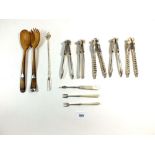 Various silver plated nutcrackers, a pair of horn salad servers with silver mounts and various other