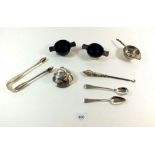 A pair of silver salts, Victorian silver sugar tongs, Victorian long cruet spoon and other small