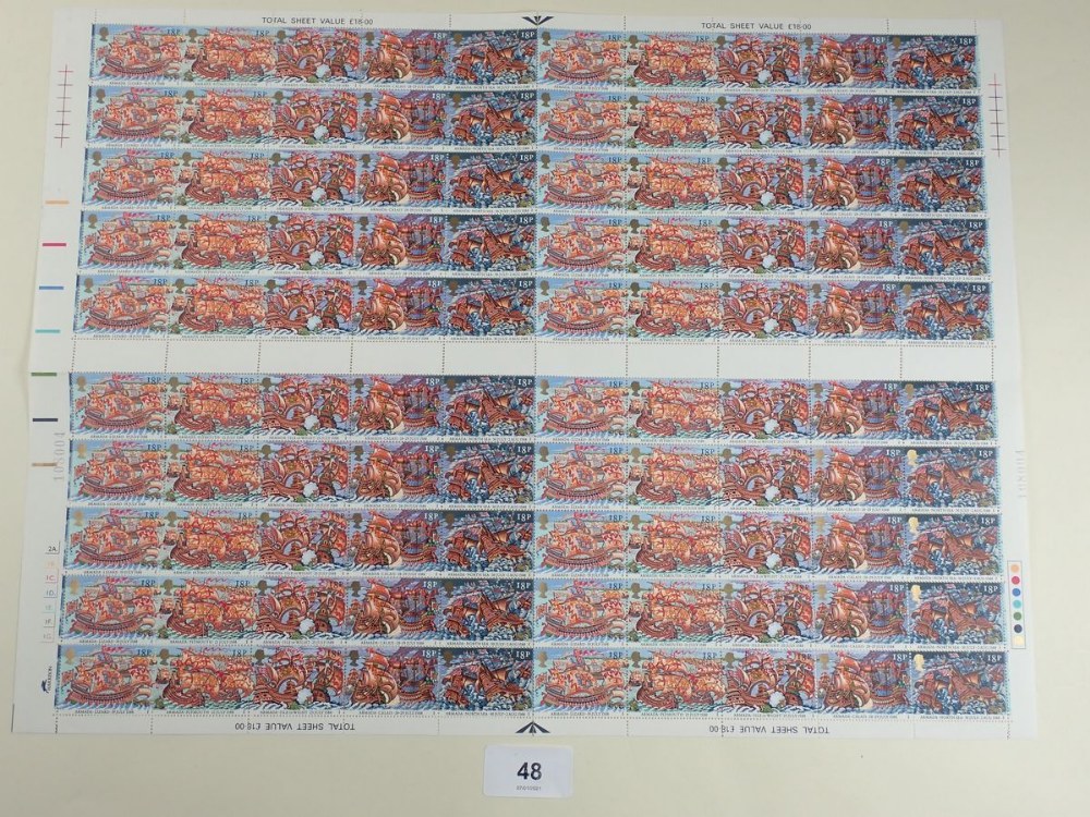 GB QEII Armada commem, complete stamp sheet of 100x18p decimal in se-tenant strips of 5. FV £18. Two