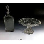 A Georgian engraved rectangular glass decanter and stopper and a Regency cut glass comport