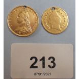 Two Gold pierced British coins including: George III Third-Guinea 1803 & Victoria half sovereign