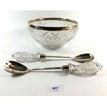 An Edwardian cut glass salad or fruit bowl with silver rim together with matching cut glass and