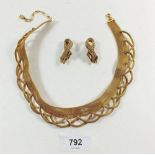 A vintage gilt metal woven necklace and earrings