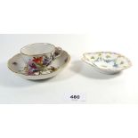 A Dresden floral painted cup, a shell form dish and a saucer