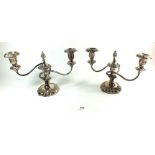 A pair of silver plated squat three branch candleabra