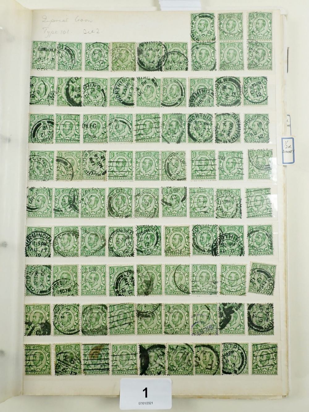 A 16-page stock-book of mainly GB KGV 1/2d & 1d Downey Heads in varieties + water-mark variants.