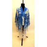 A 1930s Japanese ivory and blue silk Kimono with all over floral printed decoration - approx 118cm