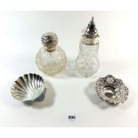 A cut glass and silver sugar castor, a similar scent bottle and two pin dishes