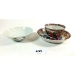 A Chinese tea bowl and saucer, painted figures and a Chinese sauce dish painted flowers