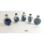 Five various Chinese blue and white porcelain snuff bottles