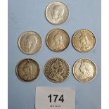 A quantity of silver content coinage including: George I, shilling 1723 c/ss in quarters,