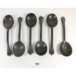 A set of six continental 18thC pewter trifid spoons, makers touchmark for J.M. Ufen. North German/