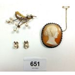 A 14ct gold pearl set spray brooch and a pair of matching earrings plus a 19th century cameo