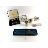 A group of silver items including cake slice, an oval silver salt Chester 1896 and trinket box a/f