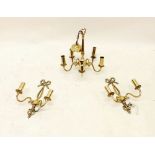 A five branch brass chandelier light fitting and two matching wall lights