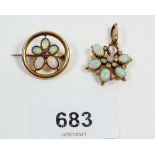 A 15ct gold flower form brooch set opals and ruby - 2 cm diameter, 3.4g and a 9ct gold opal and seed
