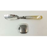 A Victorian silver and mother of pearl butter knife, Birmingham 1899 and a silver vesta case,
