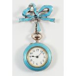 A Swiss silver 935 ladies pendant brooch watch with turquoise enamel and fleur de lys decoration,